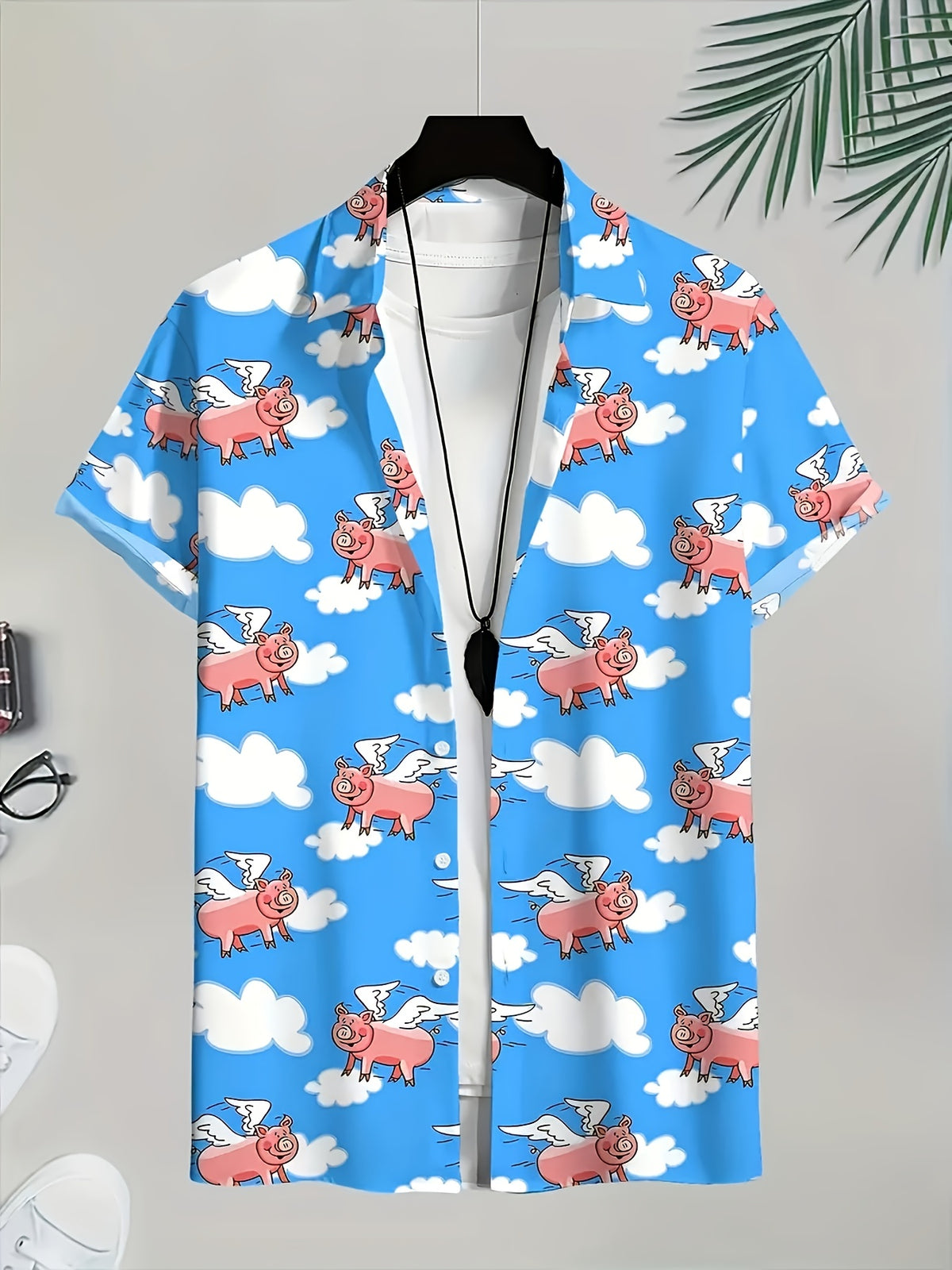 Men'S Summer Casual Short-Sleeve Shirt with Playful Flying Pig And Cloud Print - Lightweight And Breathable Fabric, Classic Collar, Regular Fit, Ideal for Beach Trips And Everyday Wear, Beachwear, Fun Pattern, Easy-Care Material