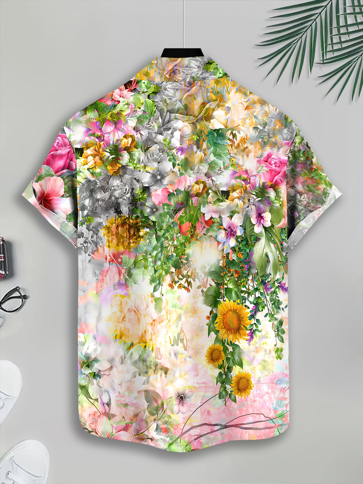 Men's Casual Floral Print Shirt with Vibrant Summer Flowers and Sunflowers Design