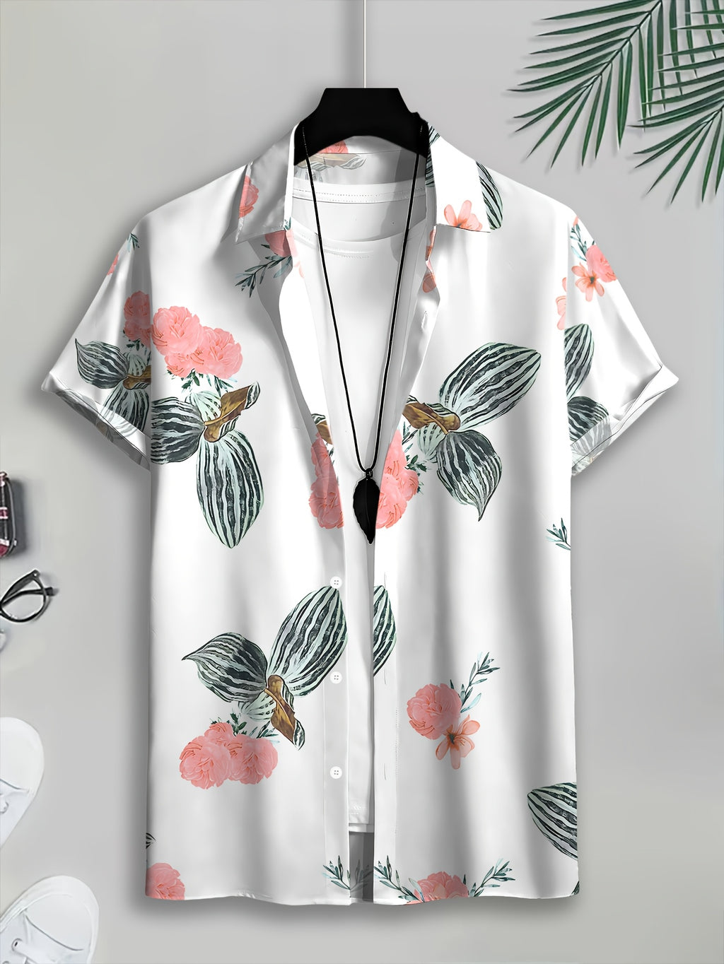 Men's Casual Shirt with Floral Print, Tropical Flowers and Leaves, Vibrant Summer Colors and Intricate Design