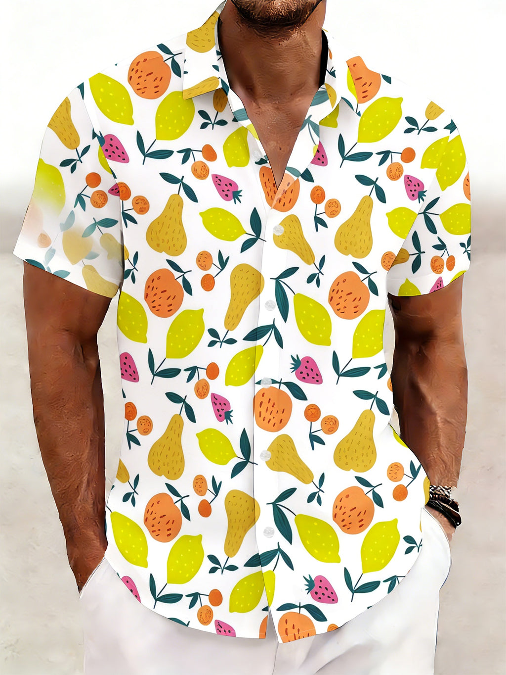New Men's Summer Fruit Print Short-Sleeve Shirt, Casual Regular Fit Youth Trendy Botanical Pattern, Suitable for Summer Vacations, Daily Versatile Streetwear, Beach Party Outfit, Loose and Comfortable Beach Shirt, Hawaiian Shirt with Fashionable