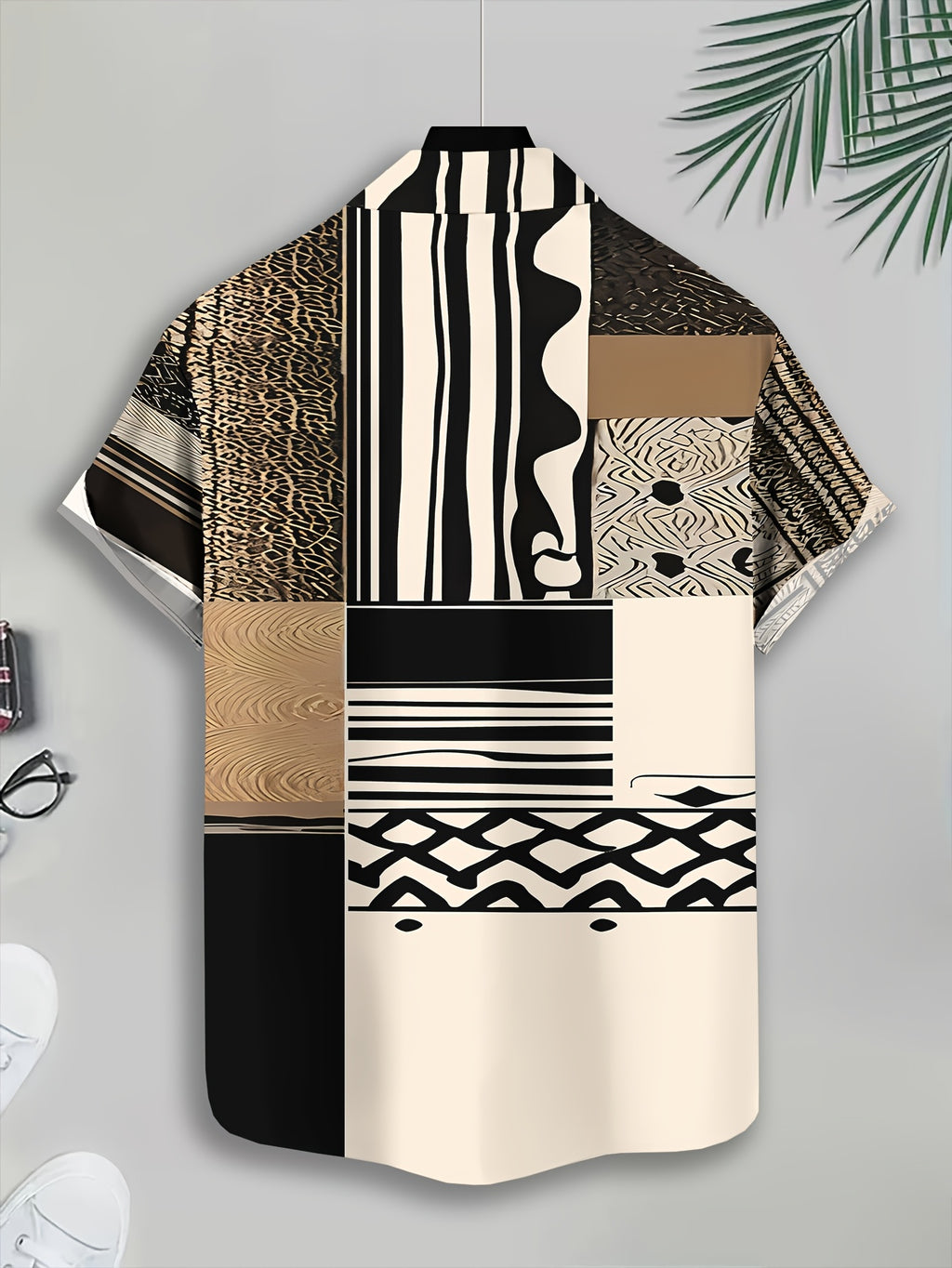Men'S Casual Shirt, Abstract Animal And Geometric Patterns Print, Summer Bold Design with Leopard Stripes And Tribal Motifs