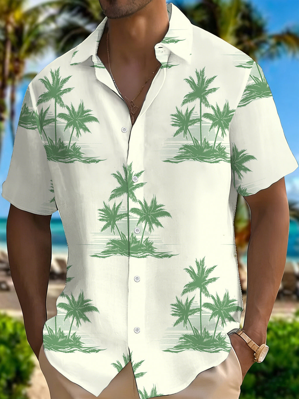 Men'S Summer Cool Print Button-Up Shirt, Tropical Palm Tree Pattern Background, Suitable for Summer Casual And Beach Vacation