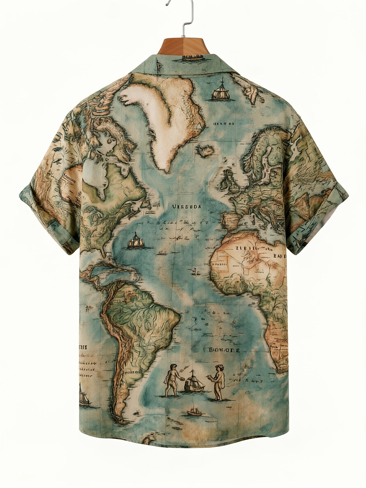 Men's Vintage World Map Travel Style Shirt, Military Green Base + Vintage World Map, Strong Travel Vibe, Simple Texture, Suitable for Travel Enthusiasts and Summer Daily Wear - [Printed Design - Not Texture]