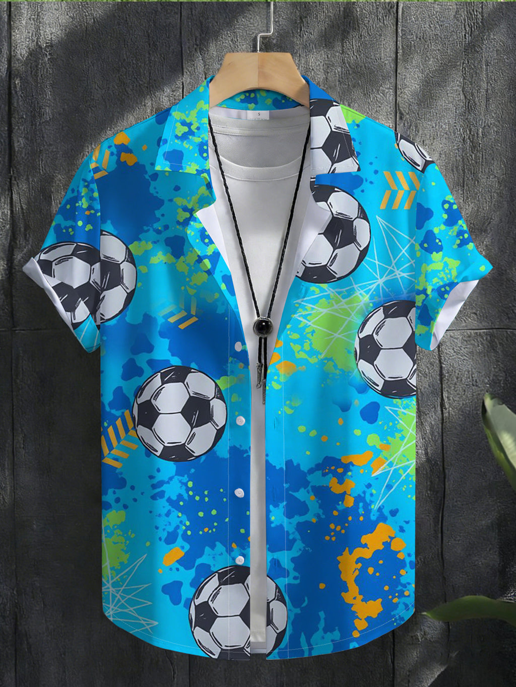 Men's Casual Short-Sleeve Shirt with Blue Base and Colorful Ink Splatter Style Football Print, Fashionable and Versatile for Beach Vacations