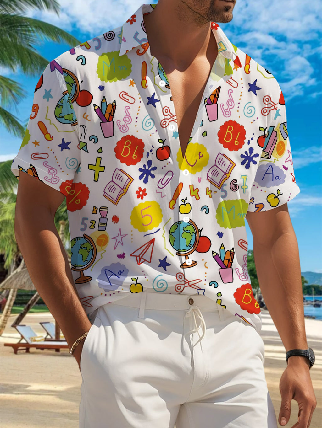 New Men's Casual Short-Sleeve Shirt with a Playful Learning-Themed Print Featuring Apples, Globes, and Other Elements. Versatile for Holiday Parties, Commuting, and More. Made of Polyester Fiber, Machine Washable, Lightweight for Summer