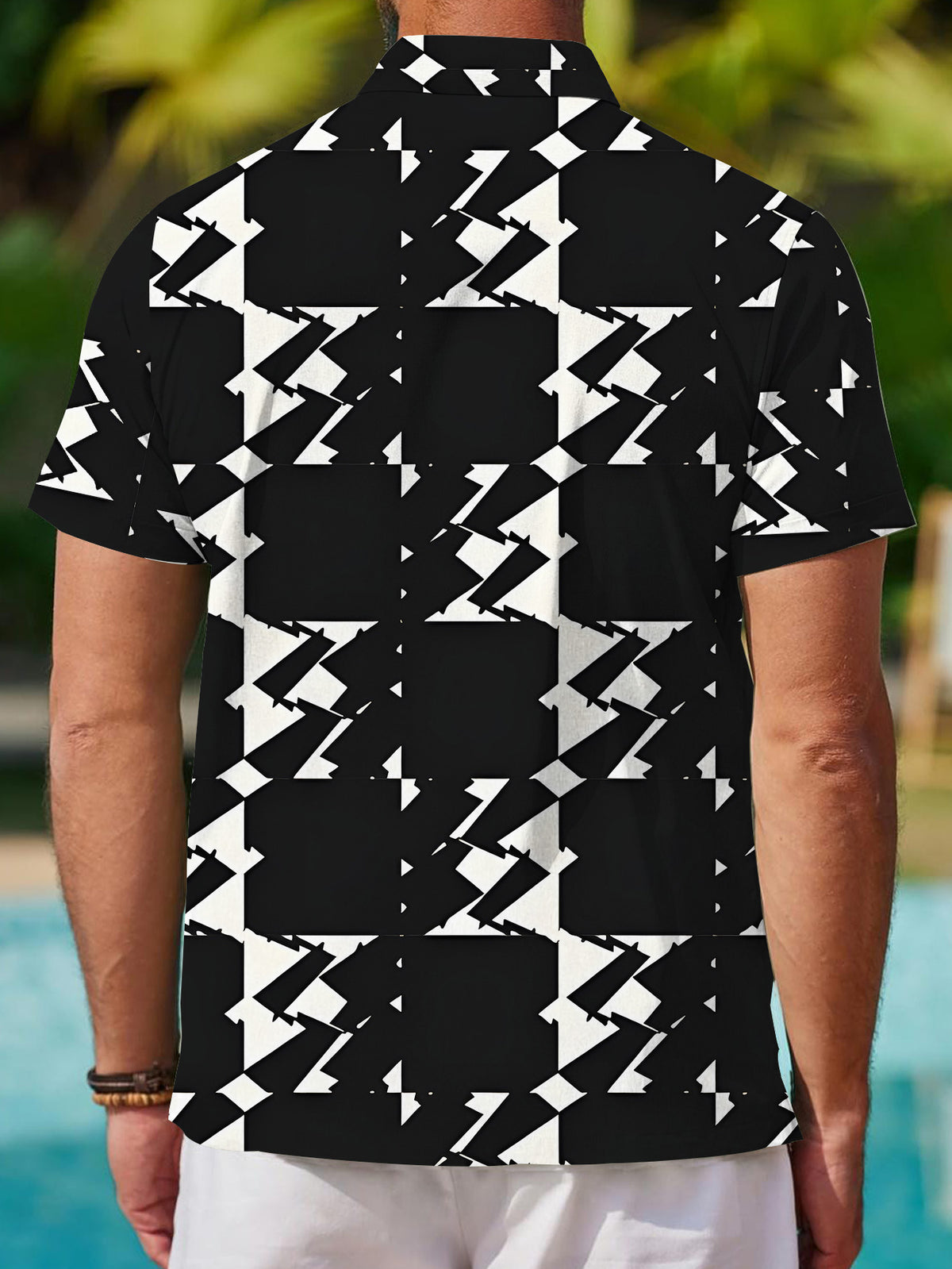 Summer Men'S Short Sleeve Shirt, Fashion Loose Casual Short Sleeve Top, Versatile Top for Beach Vacation, Men'S Youth Black And White Geometric Pattern Printed Shirt - No Texture