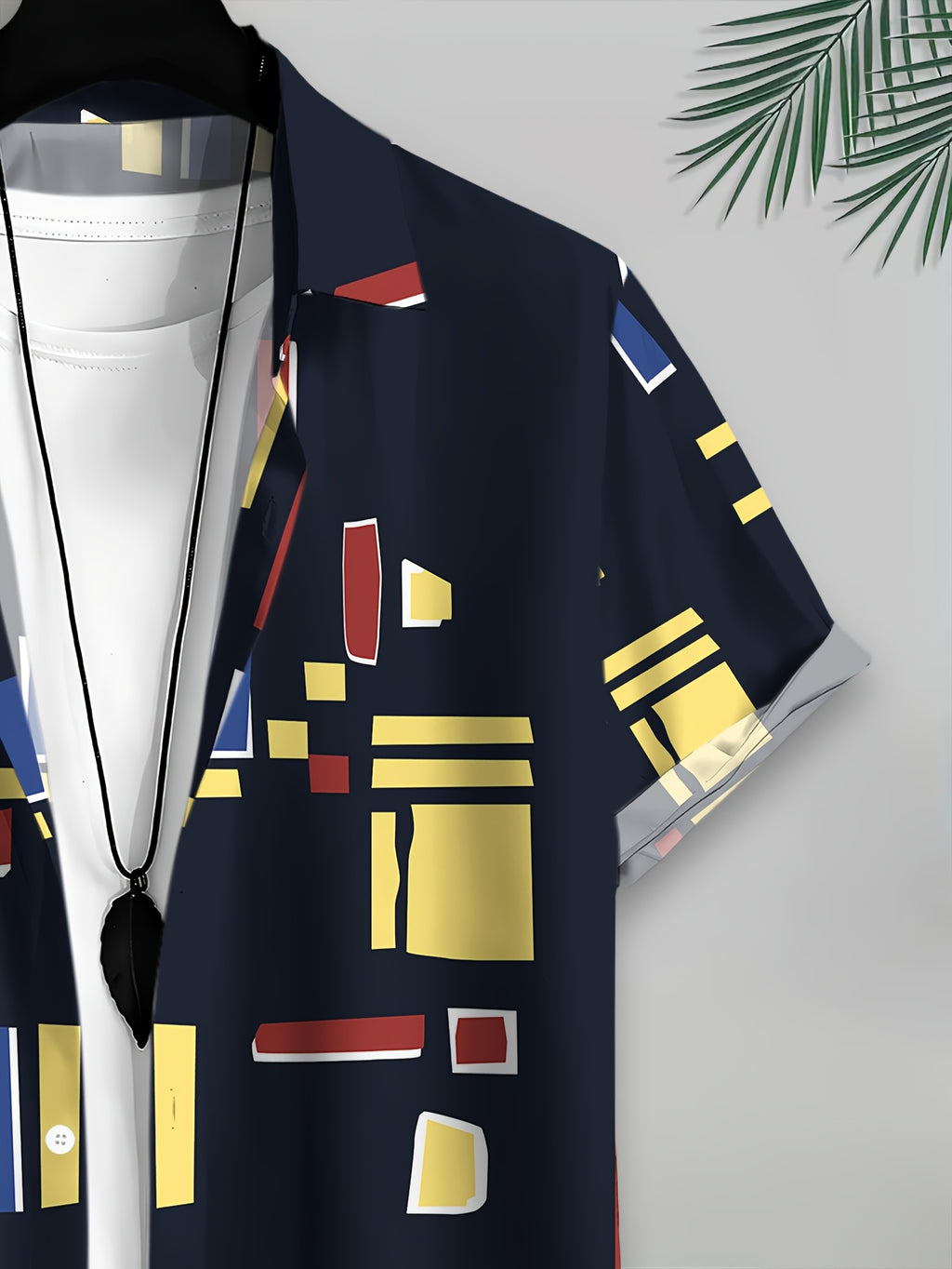Men's Casual Shirt with Geometric Pattern, Abstract Shapes, and Vibrant Summer Colors