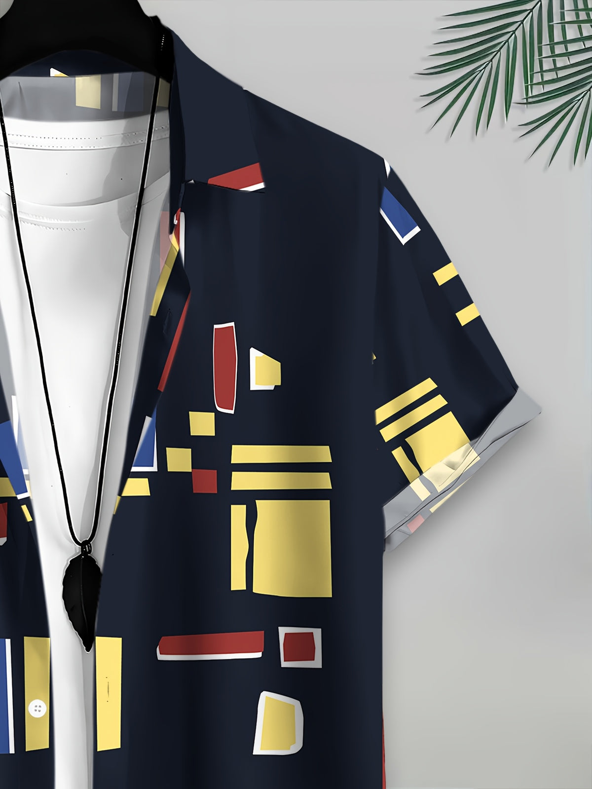Men's Casual Shirt with Geometric Pattern, Abstract Shapes, and Vibrant Summer Colors