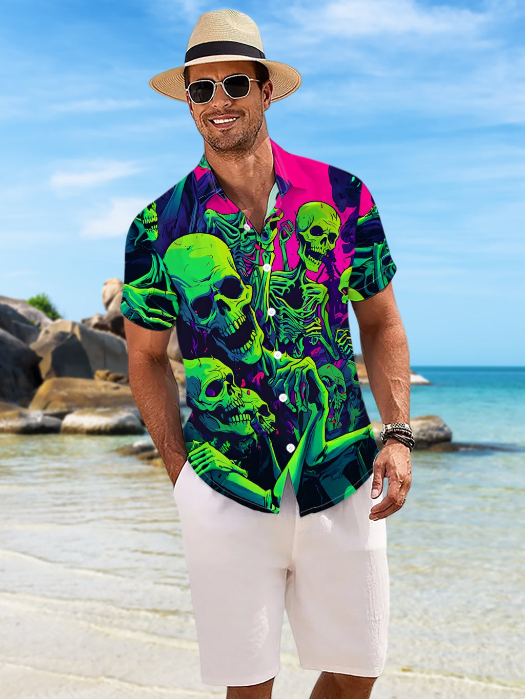 New Men'S Casual Short-Sleeve Shirt Featuring a Fluorescent Skull Design, Creating a Vibrant And Eerie Atmosphere, Perfect for Festive Gatherings And Versatile for Commuting. Made from Machine-Washable Polyester Fabric with a Button Print