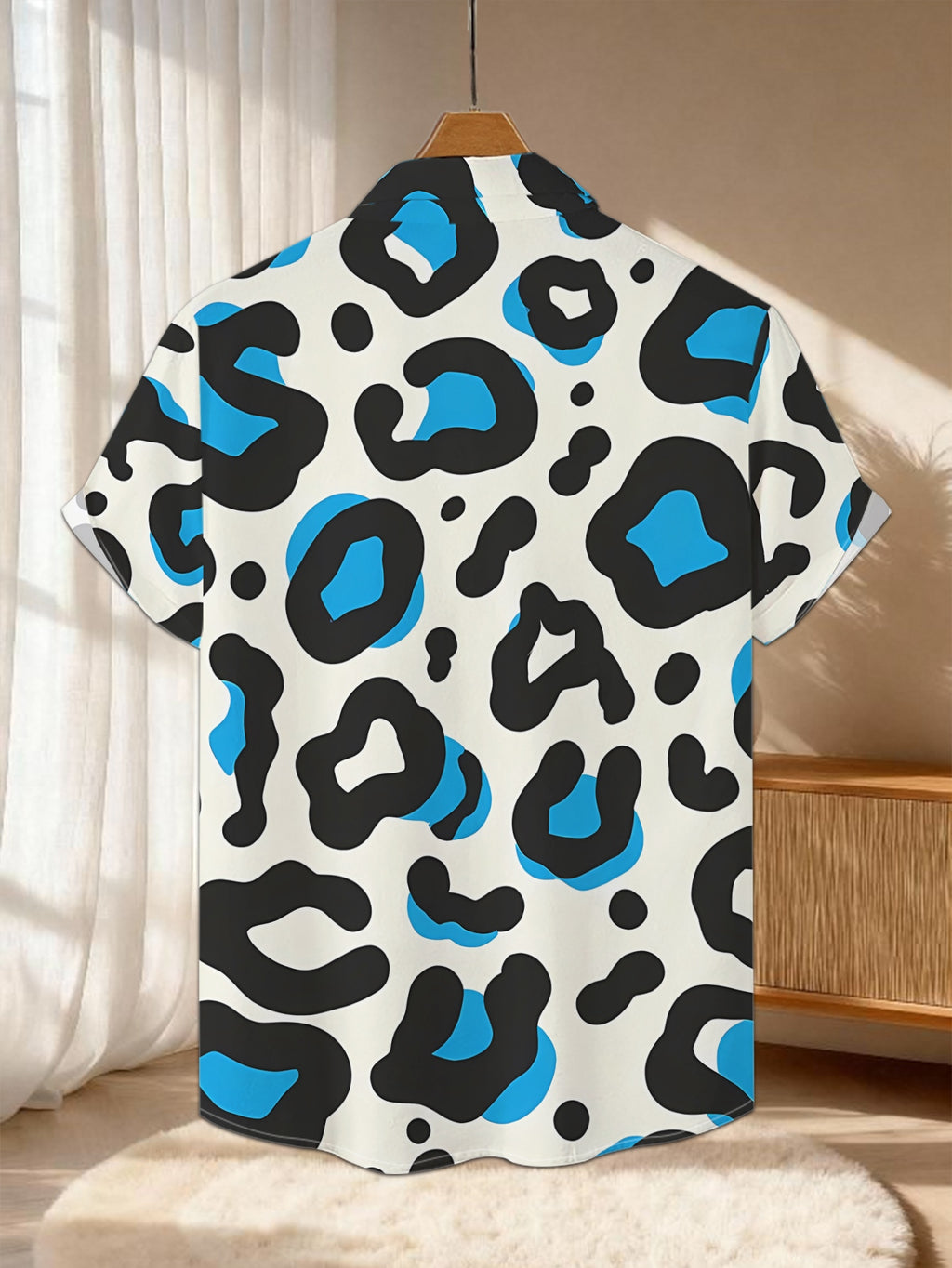 New Men's Casual Short-Sleeve Shirt with Beige Base, Black Stripe, Blue Heart, and Leopard Print Design - Versatile for Festivals, Parties, and Commuting - Polyester Fabric, Machine Washable - Button- Printed Shirt