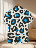 New Men's Casual Short-Sleeve Shirt with Beige Base, Black Stripe, Blue Heart, and Leopard Print Design - Versatile for Festivals, Parties, and Commuting - Polyester Fabric, Machine Washable - Button- Printed Shirt
