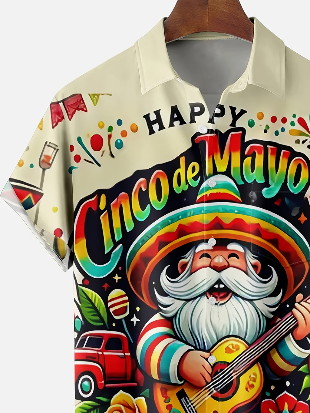 Men'S Plus Size Cinco de Mayo Print Hawaiian Shirt | Vintage Style, Lapel Collar, Non-Stretch Fabric, Button Closure, Regular Fit, Summer Season, All-Over Print with Pocket