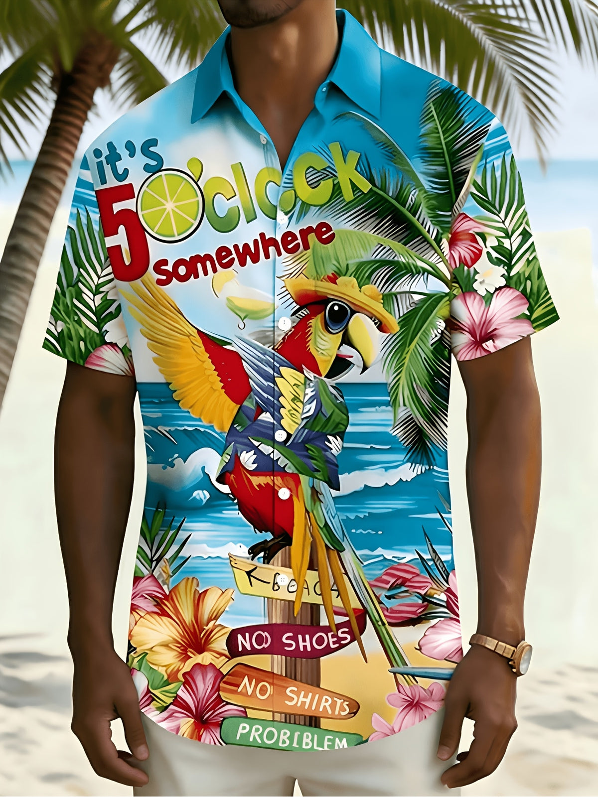 Parrot Print Short-Sleeve Button-Up Shirt - Collar Button-Front Top, Breathable Summer Beach Shirt Suitable for Vacations, Camping, Gym & Gifts, Casual Button Collar for Outdoor Activities (Machine Washable)