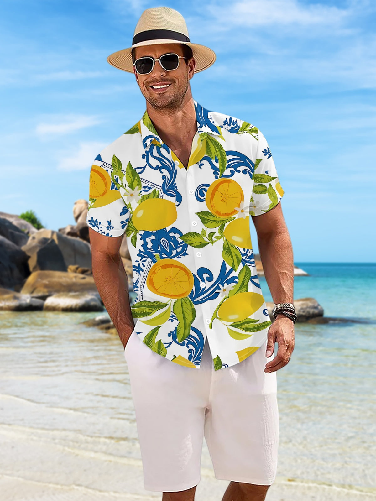 New Men's Casual Short-Sleeve Shirt with Lemon Branch and Leaf Pattern on Blue Check, Fresh All-Over Print on White Background, Versatile for Holiday Parties and Commuting, Machine-Washable Fabric, Button-Up Printed Shirt