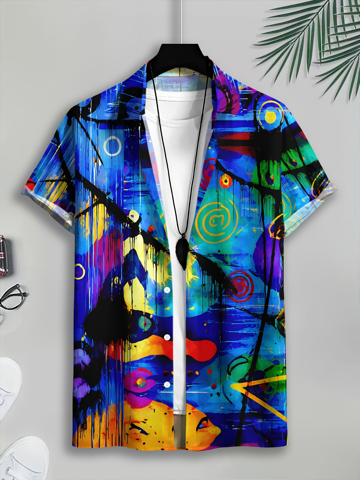 Abstract Art Men'S Casual Shirt, Print Colorful Paint Splatter Summer Vibrant Circles And Lines Pattern