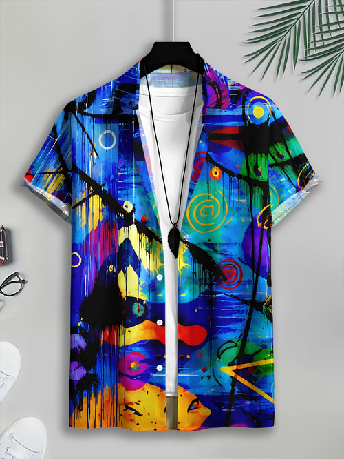 Abstract Art Men'S Casual Shirt, Print Colorful Paint Splatter Summer Vibrant Circles And Lines Pattern