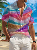 New Men'S Casual Short-Sleeve Shirt with a Shimmering Wave Design, Adorned with Sequins for a Dreamy Pastel Look. Perfect for Festive Gatherings And Versatile for Commuting, Made from Machine-Washable Polyester Fabric, Featuring a Button Print