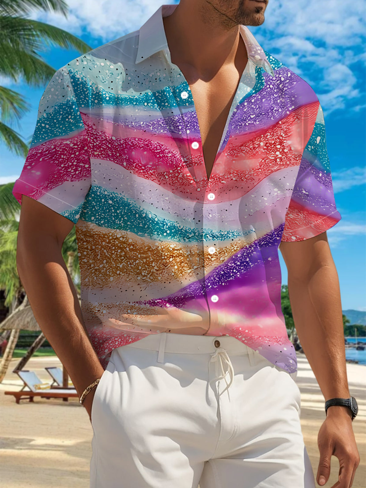 New Men'S Casual Short-Sleeve Shirt with a Shimmering Wave Design, Adorned with Sequins for a Dreamy Pastel Look. Perfect for Festive Gatherings And Versatile for Commuting, Made from Machine-Washable Polyester Fabric, Featuring a Button Print