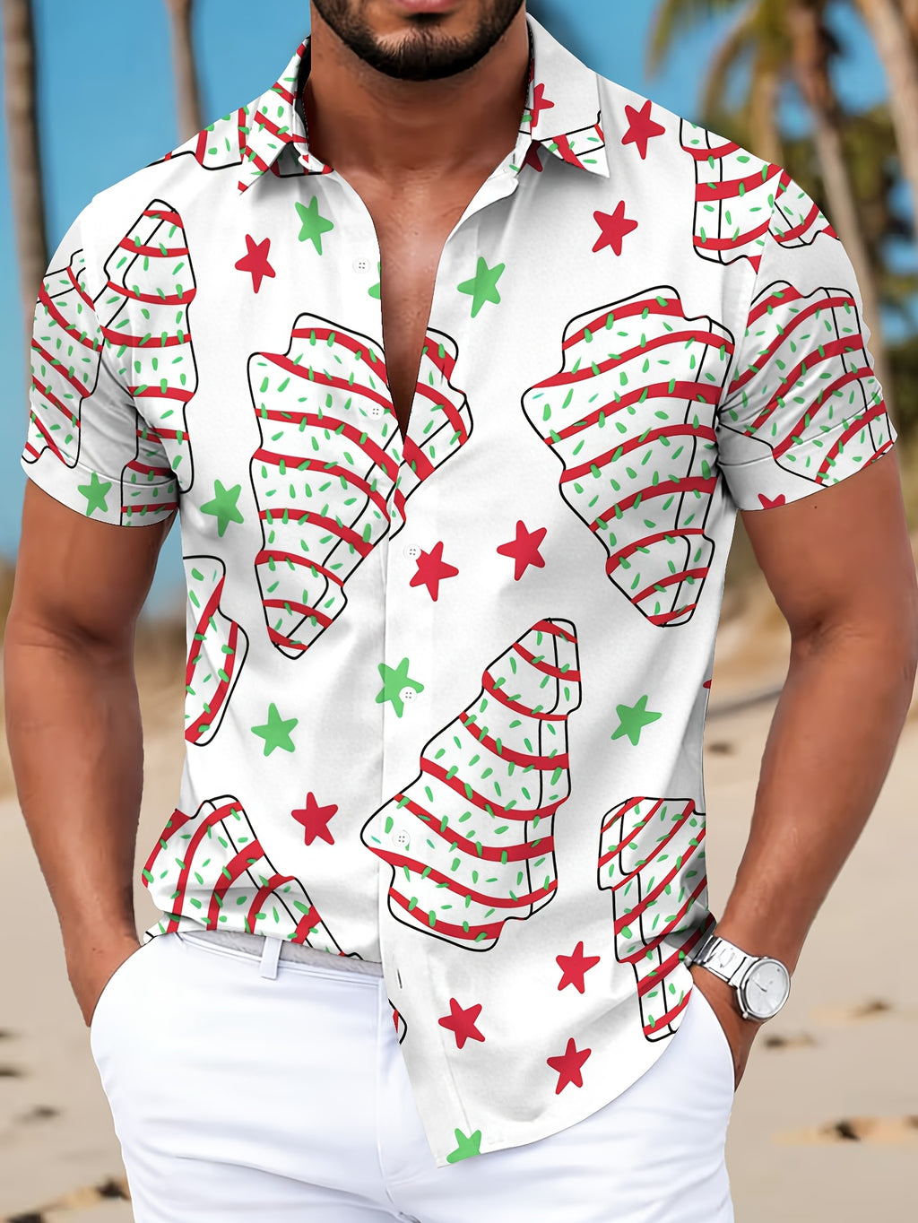 Hawaiian Style Men's Casual Shirt Print White Christmas Tree And Stars Pattern Winter Holiday Theme