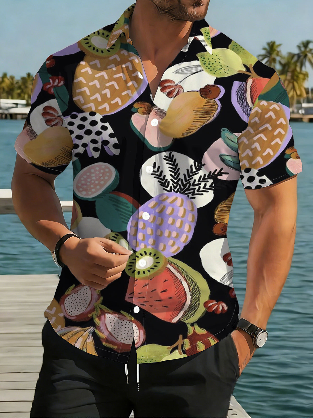 Men's Hawaiian Shirt Short-Sleeve Button-Up Beach Shirt with Collar & Flip-Front Button Closure - Tropical Palm Fruit Print Button Details, Loose Fit Hawaiian Button-Up Suitable for Summer Vacations, Beach Parties, Casual Streetwear