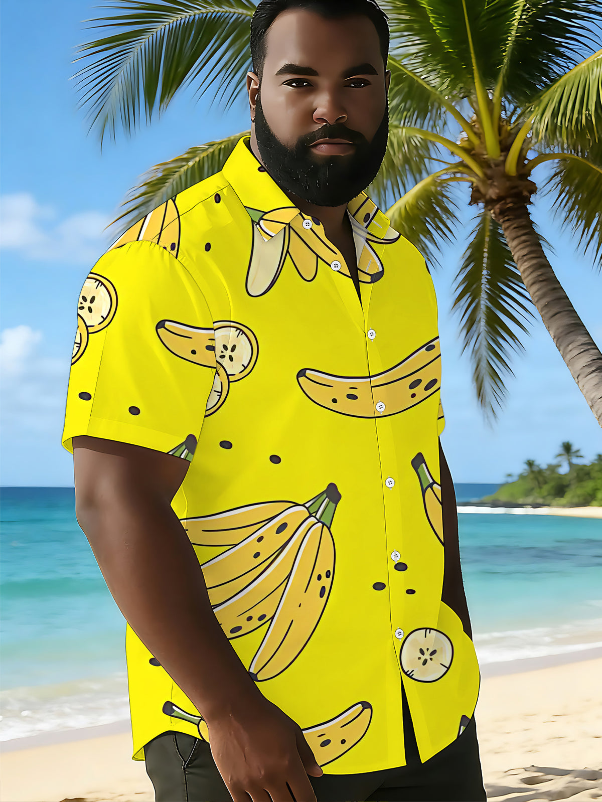 [Printed Design - Not Texture] Short Sleeve Shirt Men'S Trendy Short Sleeve Shirt Yellow Cartoon Banana Pattern Fashionable And Grand Clothing/Summer/Street/Trendy/Men/Clothes