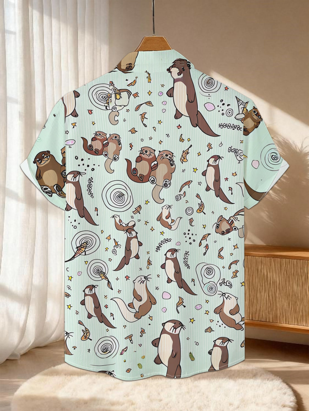 New Men's Casual Short-Sleeve Shirt with All-Over Light-Colored Base Print of Playful Otters and Small Creatures Playfully Frolicking, Versatile for Holiday Parties and Commuting, Machine-Washable Fabric, Button-Up Printed Shirt