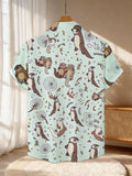 New Men's Casual Short-Sleeve Shirt with All-Over Light-Colored Base Print of Playful Otters and Small Creatures Playfully Frolicking, Versatile for Holiday Parties and Commuting, Machine-Washable Fabric, Button-Up Printed Shirt