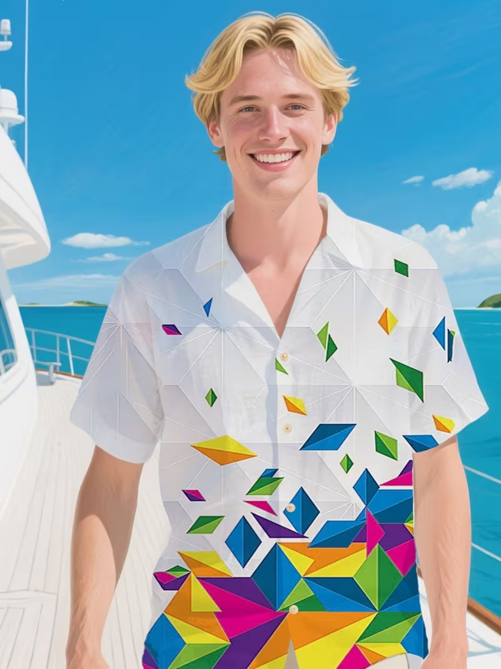Fashion Geometric Print Men'S Casual Shirt - Short Sleeve Button Design, Summer Outdoor And Leisure Wear