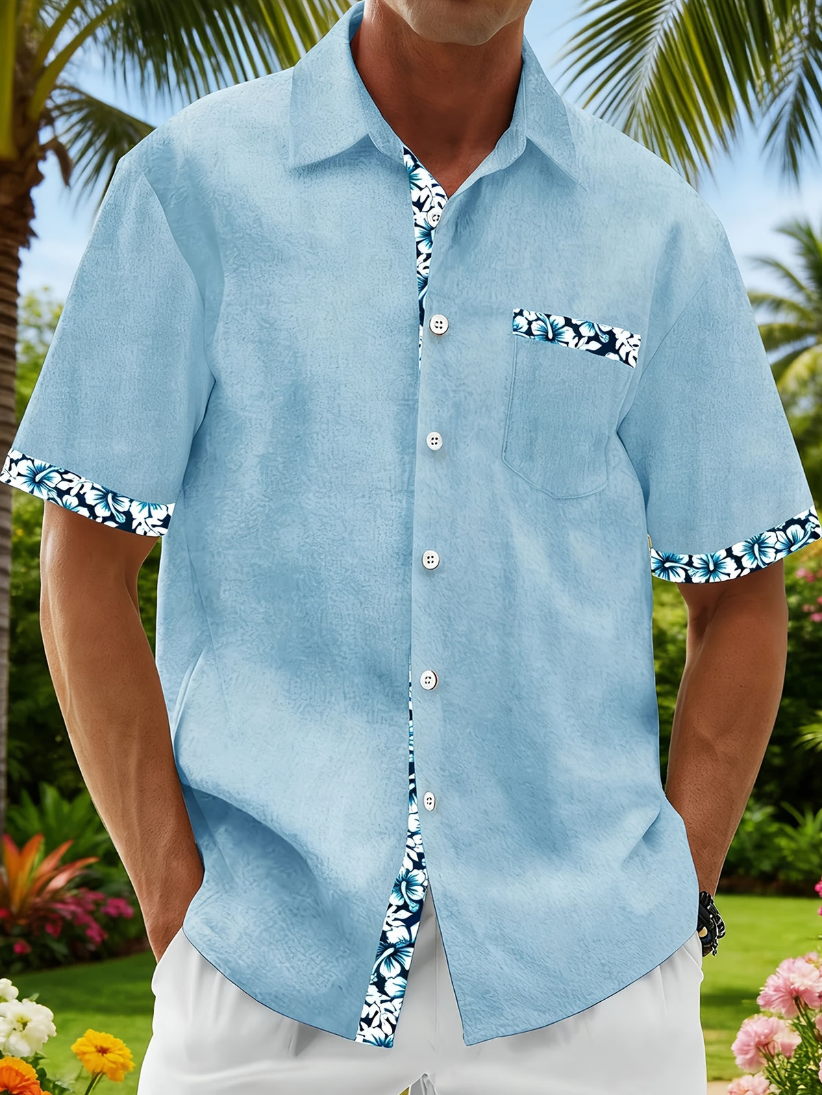 Hawaiian Floral Print Men's Button-Up Pocket Short-Sleeve Shirt, PLUS SIZE