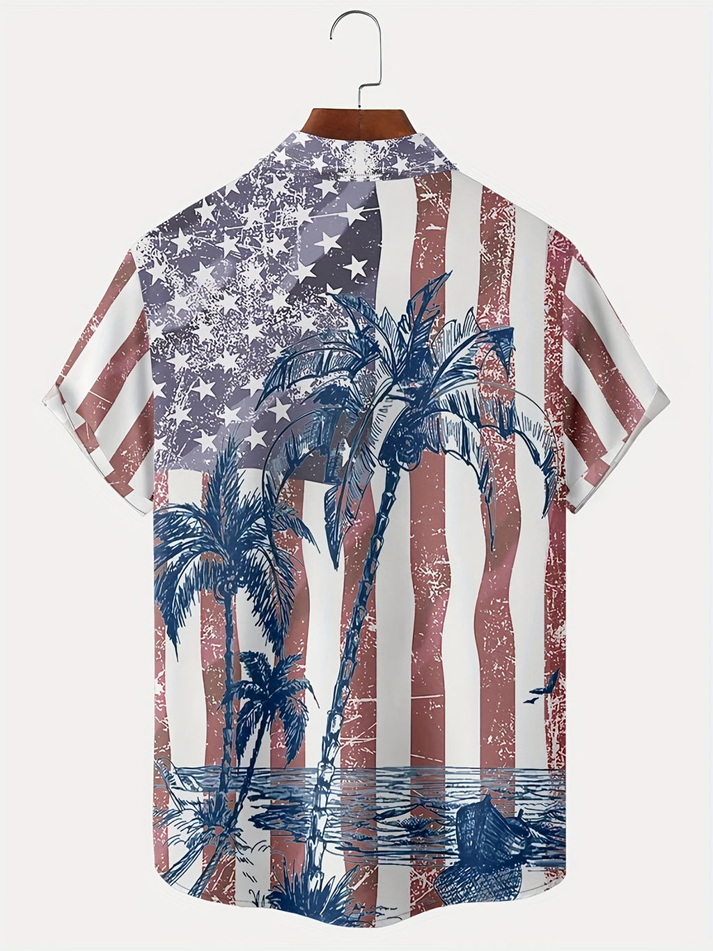 Men'S Plus Size Hawaiian Coconut Tree Print Shirt with Flag Design | Button Closure, Lapel Collar, Slight Stretch Fabric, Summer Vacation Style