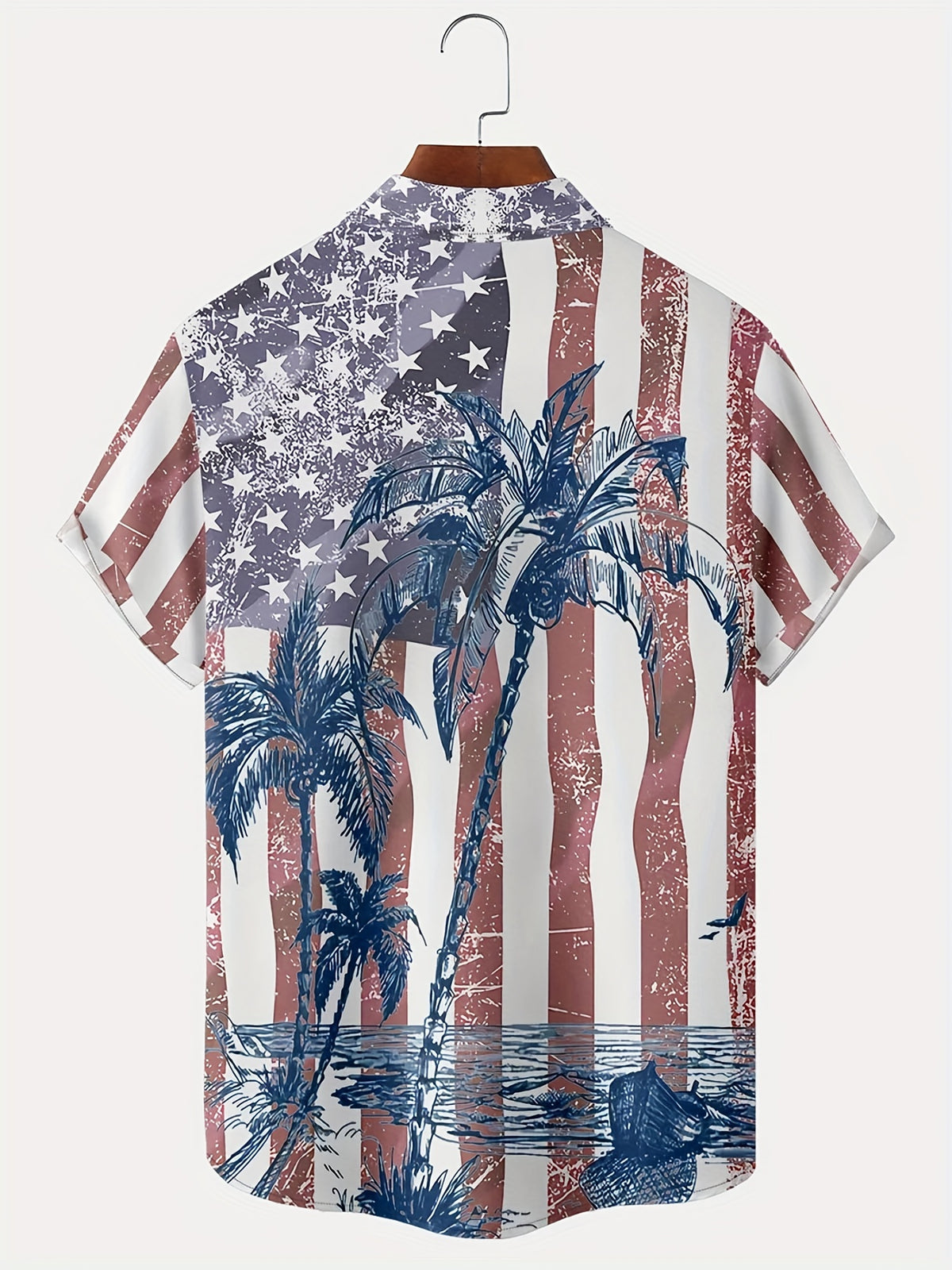 Men'S Plus Size Hawaiian Coconut Tree Print Shirt with Flag Design | Button Closure, Lapel Collar, Slight Stretch Fabric, Summer Vacation Style