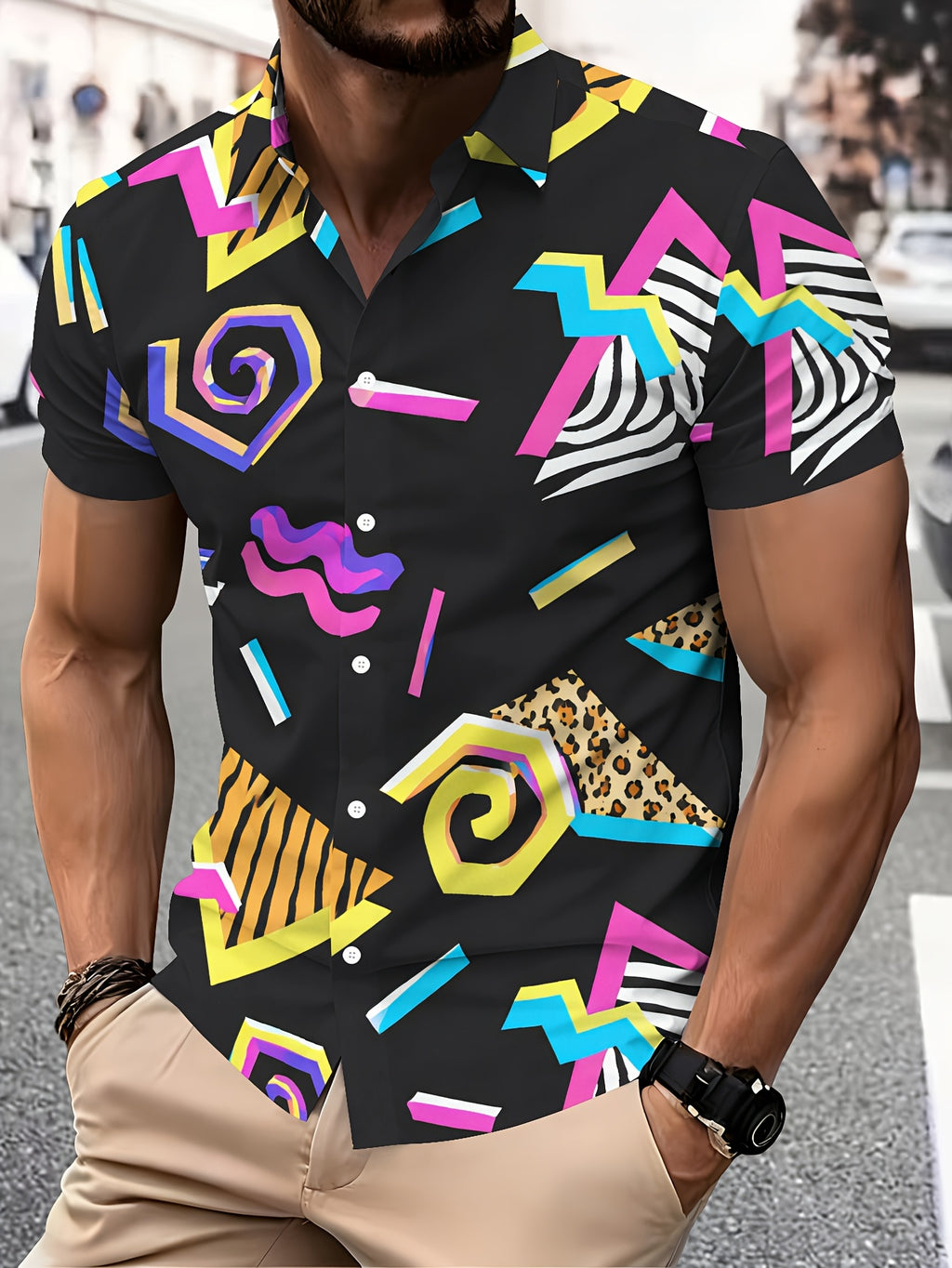 Geometric Abstract Pattern Men'S Casual Shirt Animal Print And Colorful Shapes Summer Bold Print Design