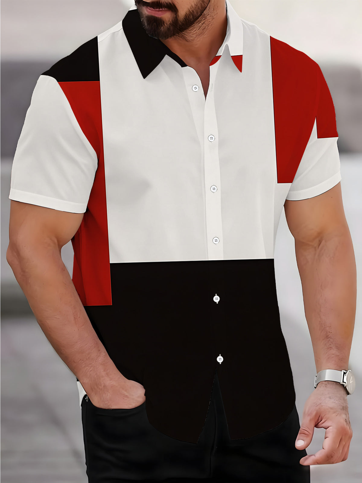 Men'S Short Sleeve Shirt, Geometric Style Print Men'S Print Short Sleeve Square Element Cool Men'S Shirt Red Black White 3-Color Men'S Casual Short Sleeve Shirt Summer