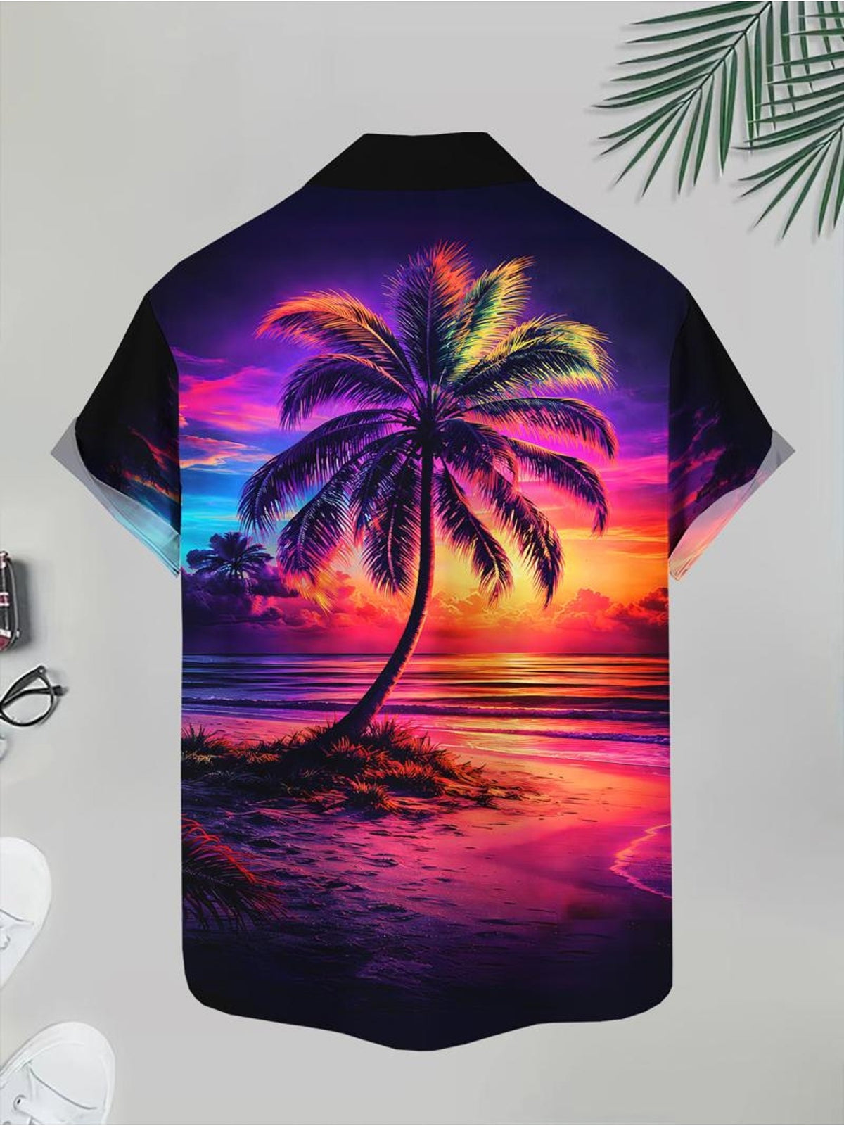 New Men'S Casual Short Sleeve Button-Up Shirt, Tropical Beach Sunset Print, Material, Multiple Sizes Available, Suitable for Beach Vacation And Daily Wear, Fashionable And Comfortable, Perfect for Daily Commute, Casual Outings, Dates