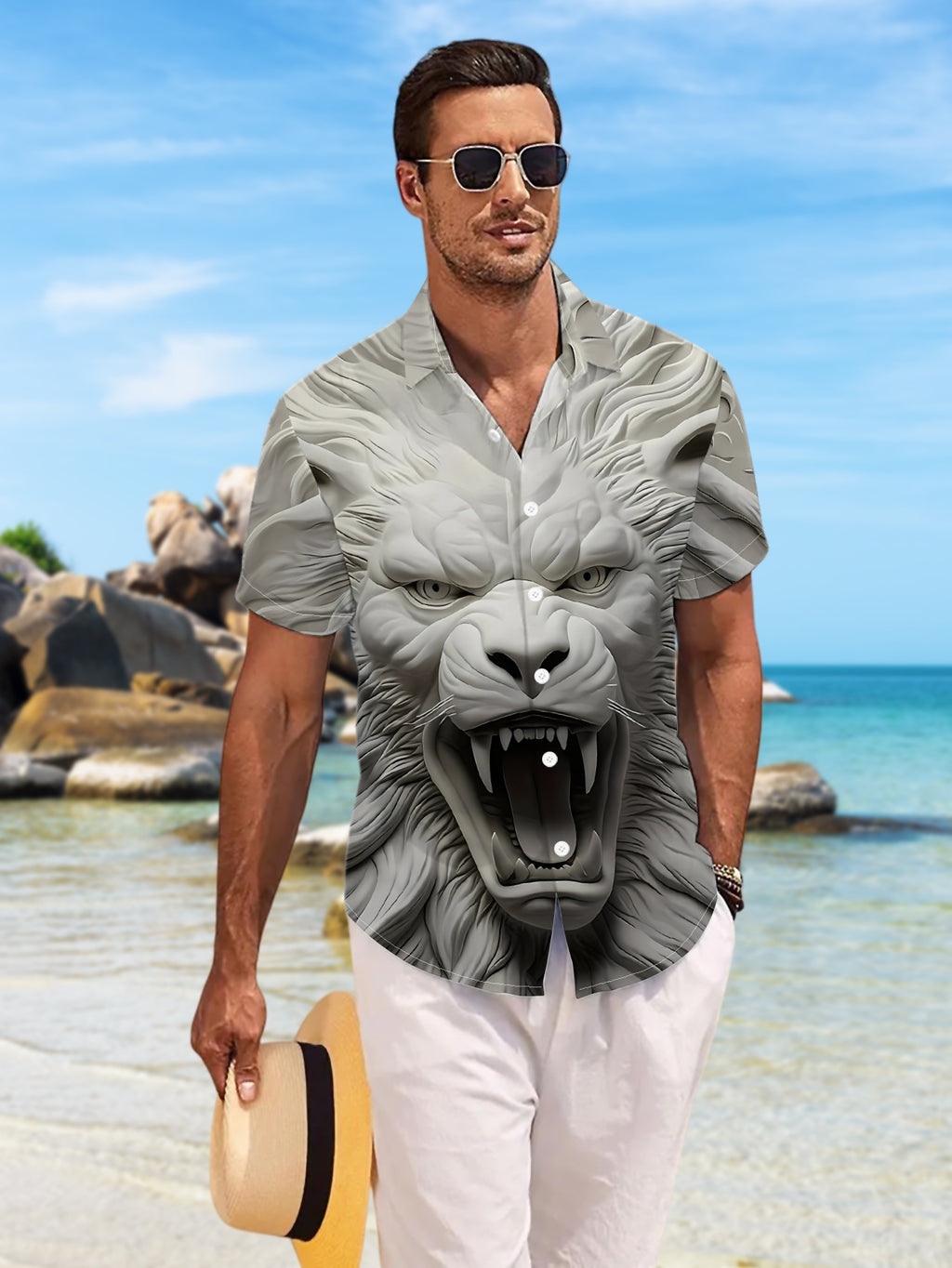 New Men's Casual Short-Sleeve Shirt - White Fabric with Engraved Fierce Lion, Curling Mane, and Bared Fangs for a Dazzling Presence. Versatile Casual Top for Festivals, Parties, and Commuting. Polyester Fabric, Machine Washable. Button