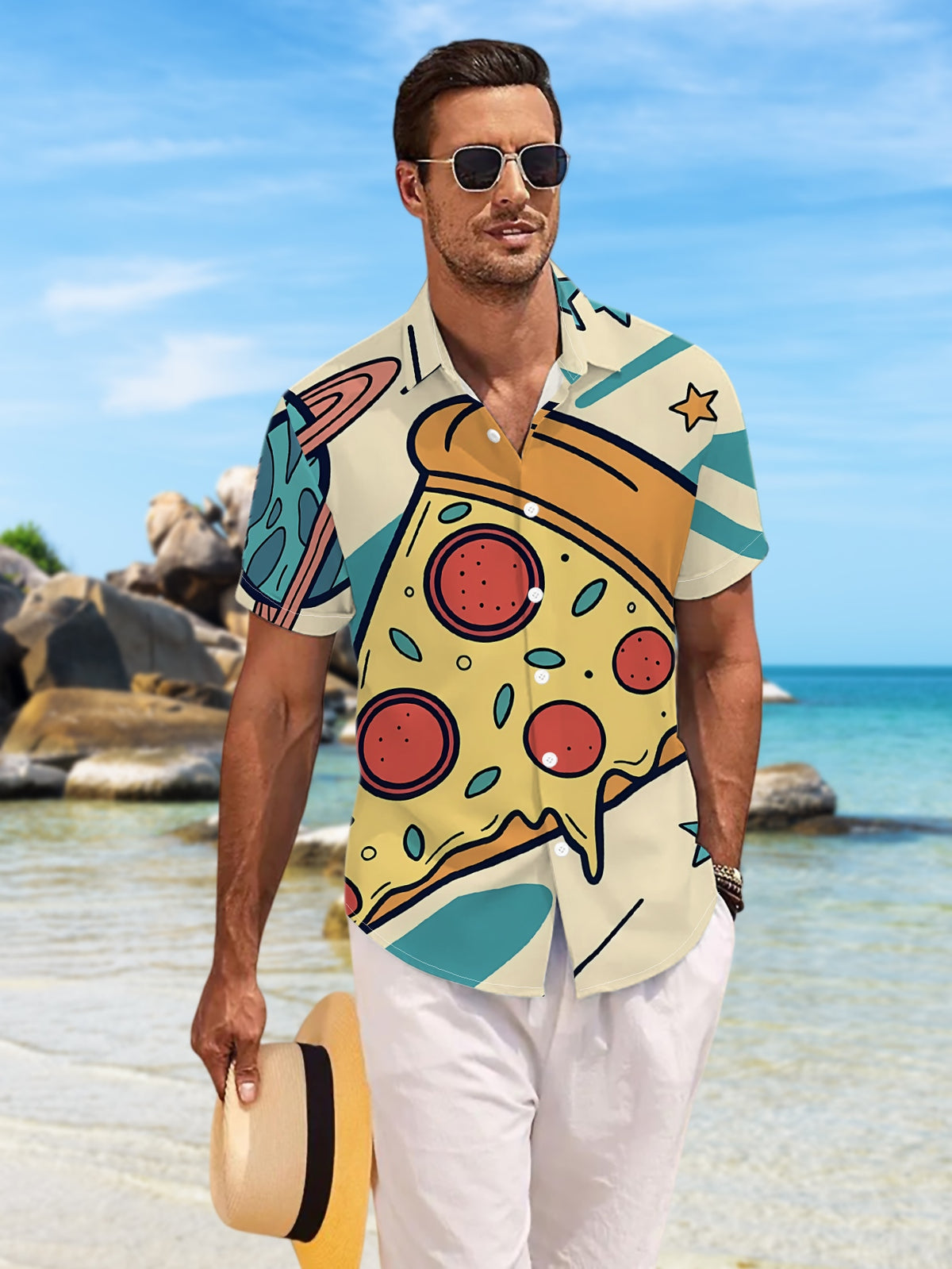 New Men'S Casual Short-Sleeved Shirt, a Slice of Italian Sausage Pizza Flying in Space, Versatile for Holiday Gatherings And Commuting, Polyester Fiber Fabric Is Machine Washable, Button- Print Shirt