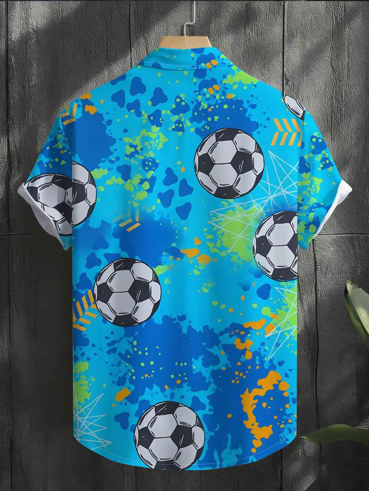 Men's Casual Short-Sleeve Shirt with Blue Base and Colorful Ink Splatter Style Football Print, Fashionable and Versatile for Beach Vacations