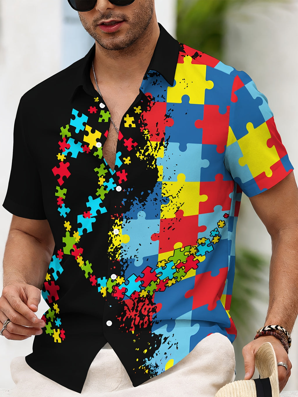 Casual Style Men'S Casual Shirt with Puzzle Print Black And Colorful Puzzle Pieces Summer Bright Puzzle Design