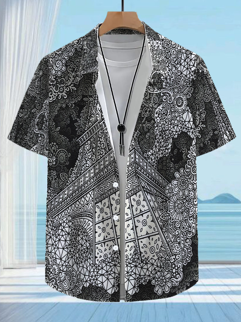 Men's Tropical Paisley Print Short Sleeve Button- Shirt - Loose Fit Collar Summer Beach Shirt with Full-Body Leaf & flower Patterns, Casual Outdoor Wear for Hawaiian Vacations & Everyday Use (Non-Stretch Fabric)