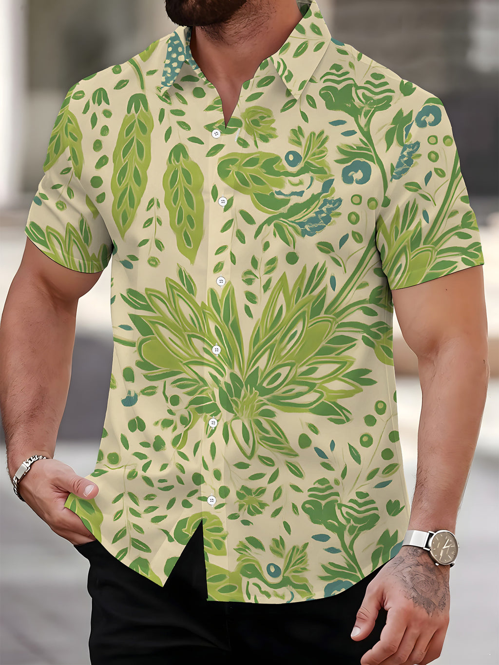 Men'S Short Sleeve Shirt, Fresh Style Men'S Print Shirt Short Sleeve Plant Pattern, Cool Men'S Shirt Men'S Casual Short Sleeve Shirt Summer