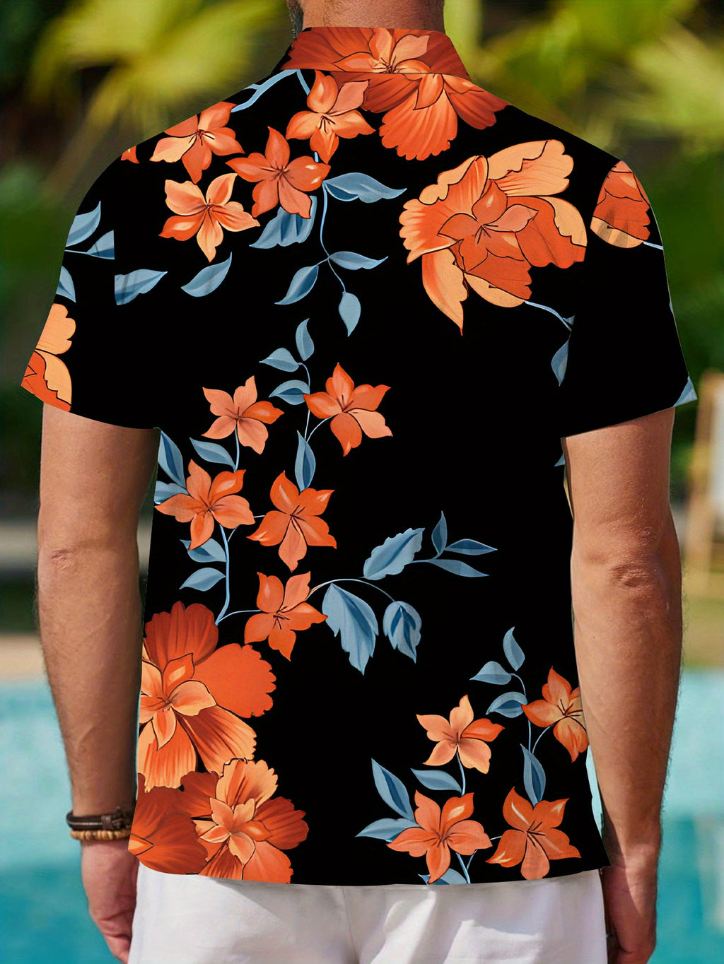 Men's Bohemian Style Printed Short-Sleeve Shirt - Regular Fit, Black Base with Vibrant Orange Flowers and Green Leaves Pattern, Suitable for All Seasons for Casual and Formal Wear, Daily Commuting, Parties, Office, Elegant New Year Top, Opaque Fabric