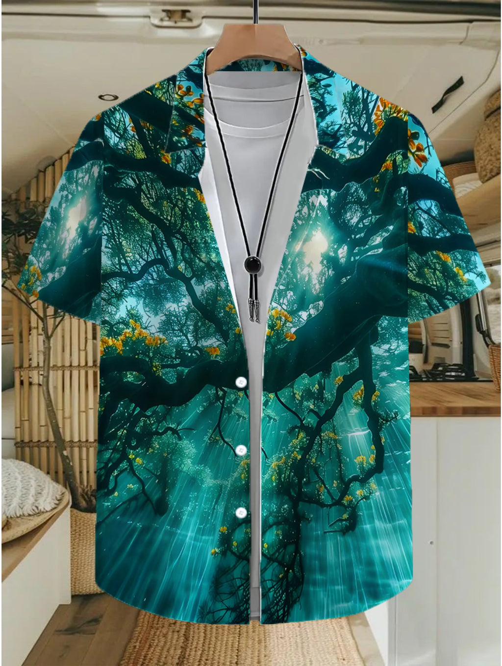 Fashion Hawaiian Men's Casual Sunlight Through Forest Pattern Shirt, Regular Fit Turn- Collar, Button Front, Outdoor Travel Clothing