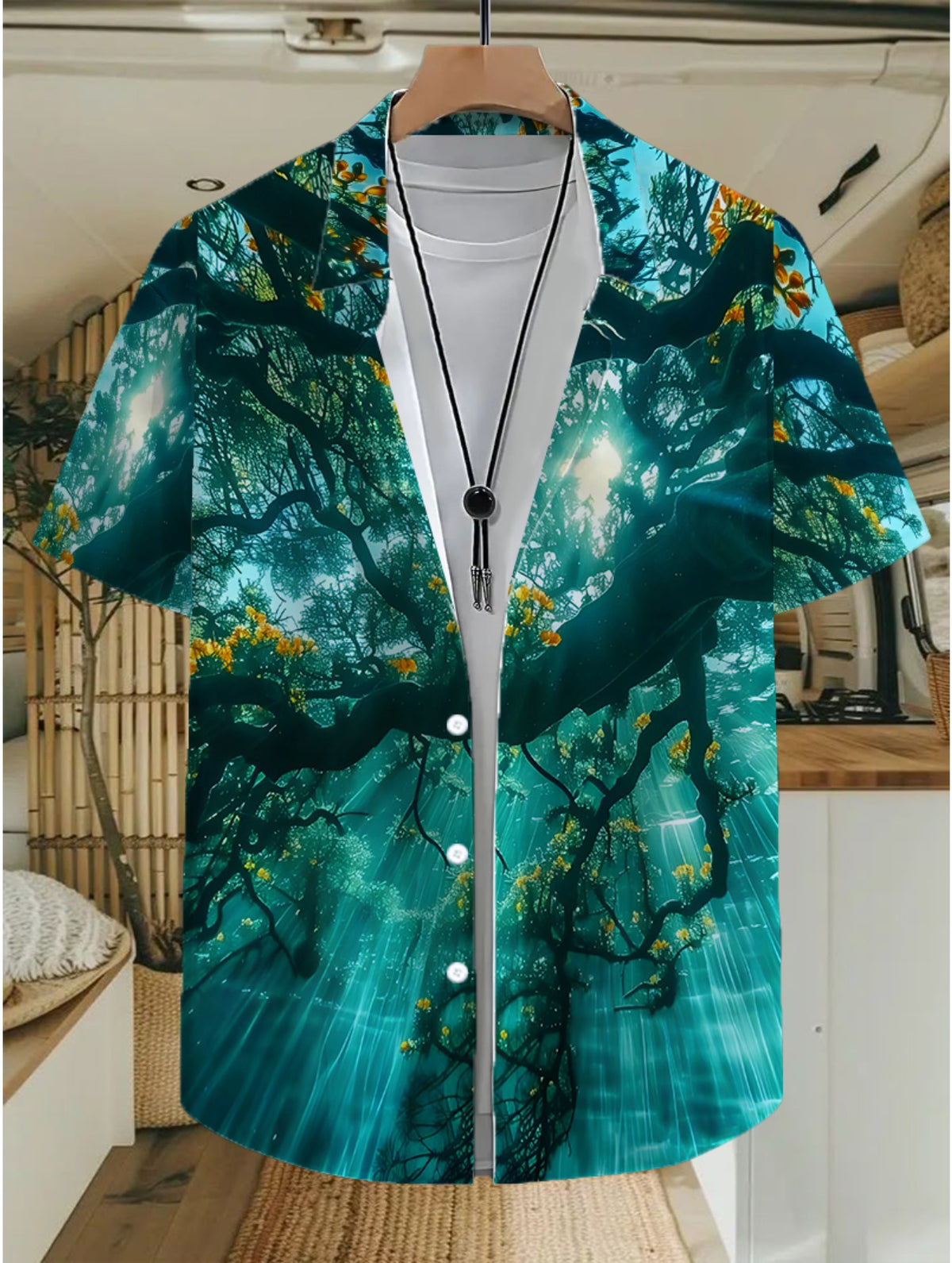 Fashion Hawaiian Men's Casual Sunlight Through Forest Pattern Shirt, Regular Fit Turn- Collar, Button Front, Outdoor Travel Clothing