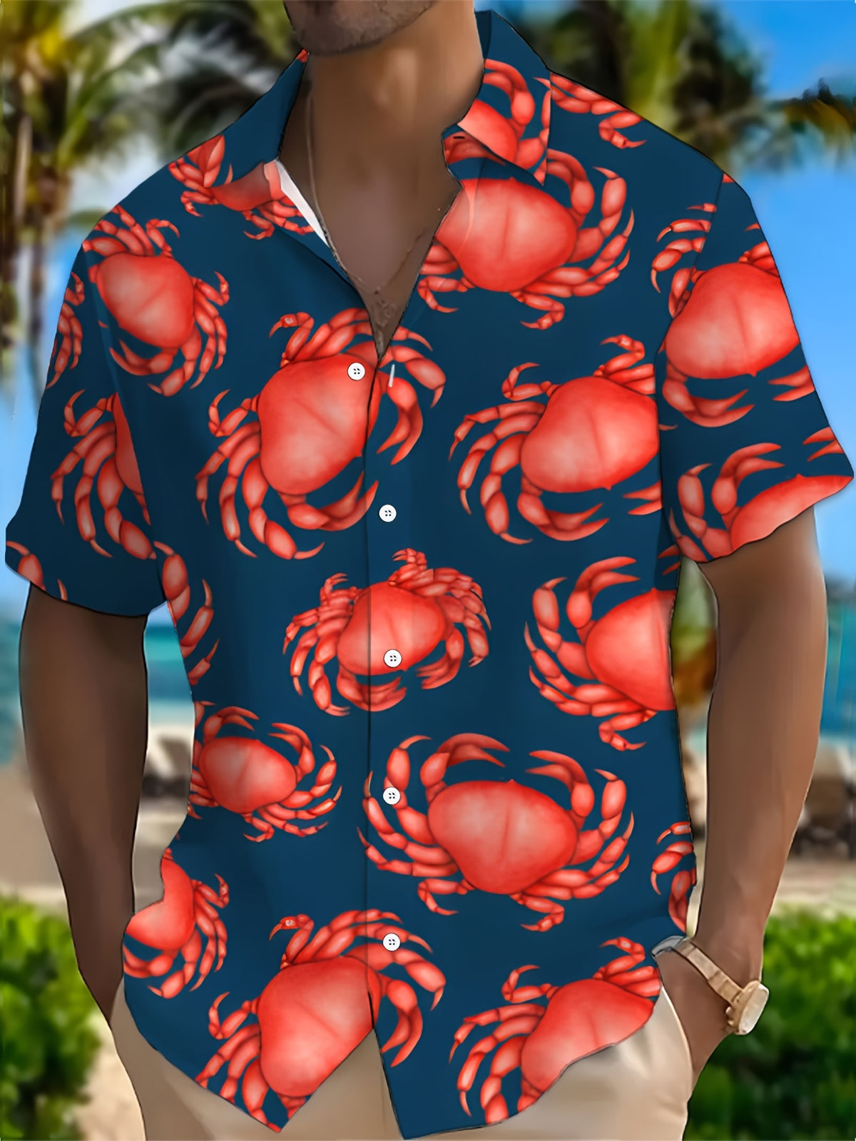 Men's Crab Print Shirt- Dark Blue Button- Formal Casual Shirt with Red Crab Pattern