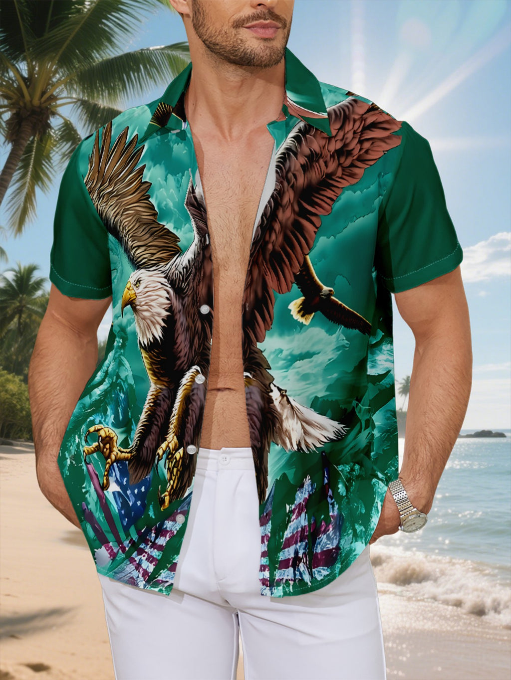 New Men's Casual Short-Sleeve Shirt with White-Headed Eagle Spreading Wings, Flock of Birds and Hidden Beast Print on the Side, Versatile for Holiday Parties and Commuting, Polyester Fabric, Machine Washable, Button- Printed Shirt
