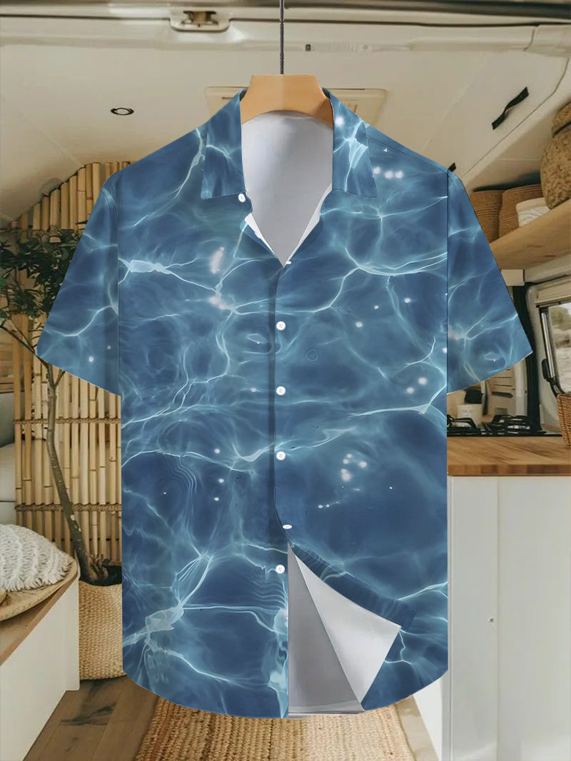 Fashion Water Ripple Pattern Print Shirt, Tropical Hawaiian Shirt - Short Sleeve, Casual Button- Men's Shirt, Lightweight Polyester for Summer Adventures