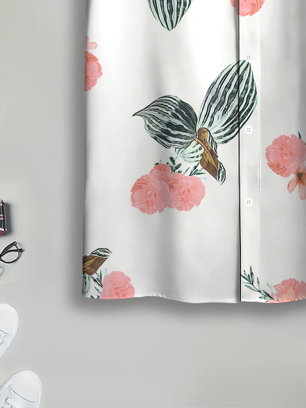 Men's Casual Shirt with Floral Print, Tropical Flowers and Leaves, Vibrant Summer Colors and Intricate Design