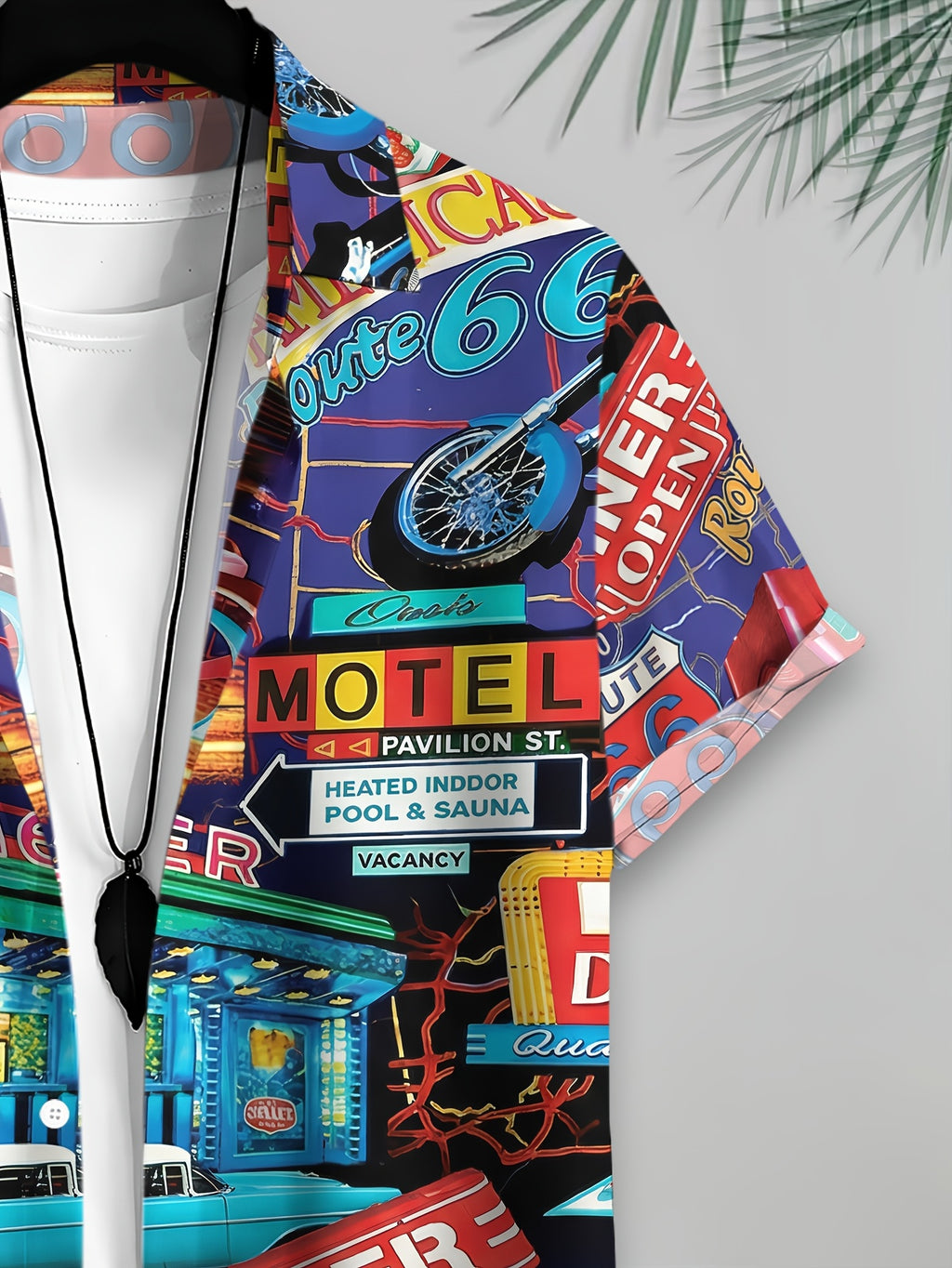 Retro American Style Men's Casual Shirt, Colorful Prints, Blue Background, Route 66, Motorcycle, Restaurant, Car, Signboard, Text Theme, Summer, Lively Street Scene, Fashionable Casual Short-sleeve Shirt, Travel