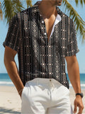 Men's Simple Bohemian Tribal Geometric Hawaiian Shirt, Featuring a Black Base with Vertical Stripes and a Full-printed Brown and White Diamond Ethnic Pattern, a Casual Short-sleeved Collared Shirt for the Seaside and Streets, a Low-key and Stylish Su