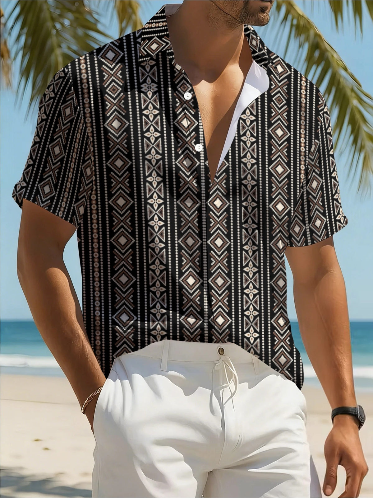 Men's Simple Bohemian Tribal Geometric Hawaiian Shirt, Featuring a Black Base with Vertical Stripes and a Full-printed Brown and White Diamond Ethnic Pattern, a Casual Short-sleeved Collared Shirt for the Seaside and Streets, a Low-key and Stylish Su